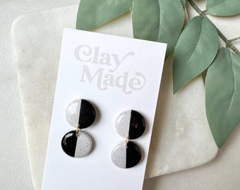 Two-Toned Double Black and White Circle Dangle Polymer Clay Earrings