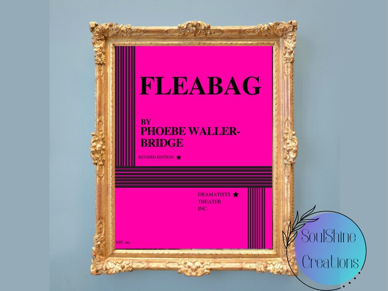 May include: A framed print of a pink playbill for the play "Fleabag" by Phoebe Waller-Bridge. The playbill is in a gold frame and has black and white stripes on the sides. The text "Revised Edition" is printed in black at the bottom of the playbill.