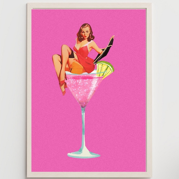 Retro Woman in Cosmo, Pin up Girl in Cosmo, Trendy Vintage Wall Art, Retro Prints, Vintage Poster, Dorm Art, y2k Print, Cocktail Poster