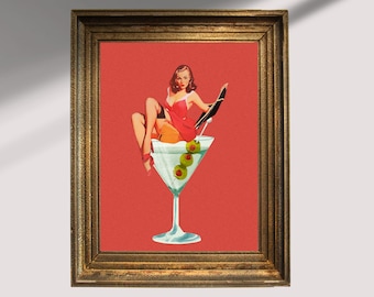 マティーニを飲むレトロな女性、マティーニを飲むピンナップガール、トレンディなヴィンテージウォールアート、レトロプリント、ヴィンテージポスター、寮アート、y2kプリント、カクテルポスター
