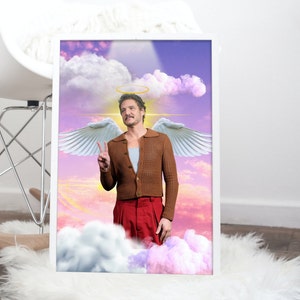 May include: A man with a halo and angel wings stands in front of a pink and purple cloudy sky. He is wearing a brown cardigan, a white tank top, and red pants. He is holding up two fingers in a peace sign.