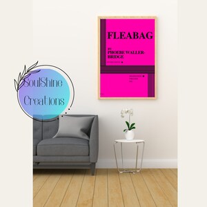 May include: A pink and black poster with the title "FLEABAG" by "PHOEBE WALLER-BRIDGE" in a wooden frame.