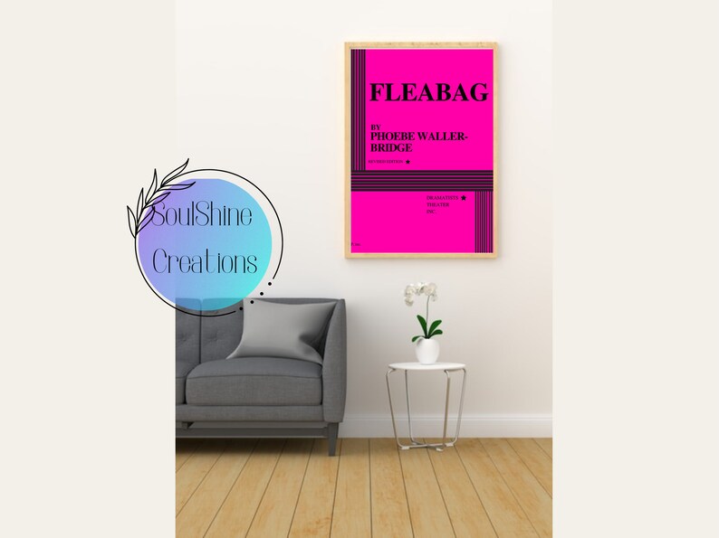 May include: A pink and black poster with the title "FLEABAG" by "PHOEBE WALLER-BRIDGE" in a wooden frame.