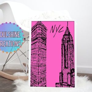 Cartel rosa de Nueva York / Decoración rosa / Estampados de Nueva York / Impresión de NYC / Cartel de NYC / Decoración de pared elegante / Arte peculiar / Cartel digital / Impresión digital