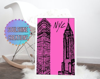 New York Pink Poster | Pink Decor | New York Prints | NYC Print| NYC Poster | Chic Wall Decor | Quirky Art | Digital Poster | Digital Print