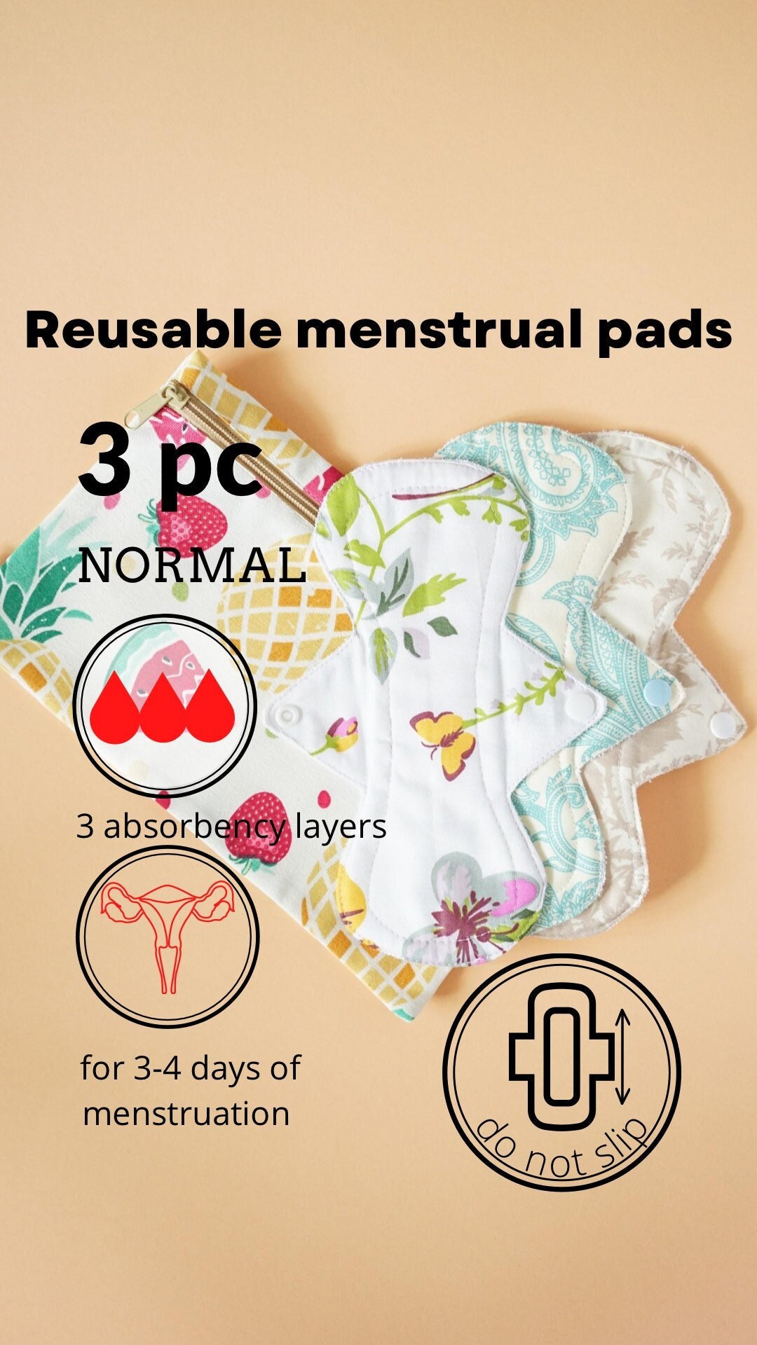 NORMAL Package of 3 Cotton Menstrual Pads Thick Feminine Pad Cloth Pad