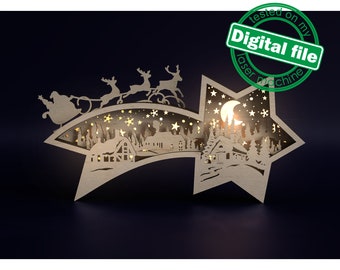 DXF laser, fichiers SVG vieux village, renne volant, père Noël, forêt d'hiver, caisson lumineux en bois multicouche, boîte à ombres étoile de Bethléem, Noël