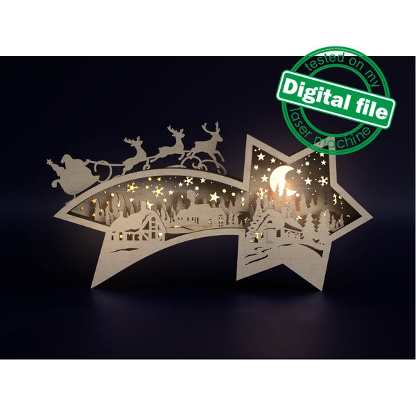 DXF laser, fichiers SVG vieux village, renne volant, père Noël, forêt d'hiver, caisson lumineux en bois multicouche, boîte à ombres étoile de Bethléem, Noël