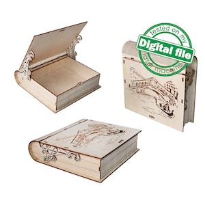 DXF, SVG-bestanden voor laser Cadeau Boekendoos Italië, flexibel multiplex, Living scharnier, gegraveerd patroon, decoratieve kraag, materiaal 1/8'' (3,2 mm)
