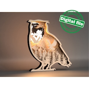 May include: A wooden owl silhouette with a moon and stars inside. The owl is standing on a base and has a light shining through the cutouts.