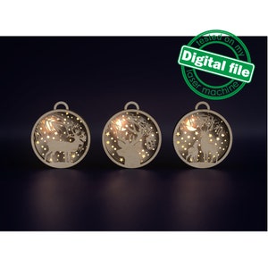 DXF, SVG-Dateien für Laser Light-Up Christbaumkugel, Hirsch, Winterwald, 3 verschiedene Designs, persönliche Gravur, Winterdekoration
