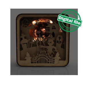 DXF, SVG bestanden voor laser Light box Mummy in Graveyard, Shadow box, Halloween decor, Glowforge, Materiaal dikte 1/8 inch (3,2 mm)