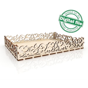 May include: A wooden tray with a decorative, intricate design. The tray is made of light wood with a brown border. The design features a repeating pattern of swirls and curves.