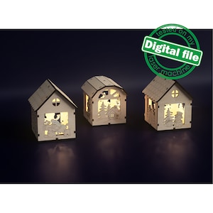 レーザー クリスマス ティー ライト ハウスの DXF、SVG ファイル、3 つのデザイン、キャンドル ホルダー、雪だるま、ツリー、教会、材質 1/8 インチ (3.2 mm)