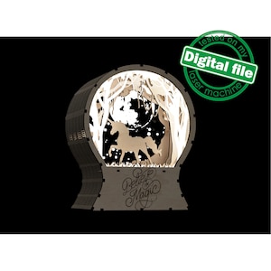 DXF, SVG-bestanden voor laser Light Up Snow Globe, Geloof in magie, eenhoorn, betoverd bos, sterrenhemel, gloeiende maan, kinderdagverblijfinrichting