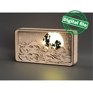 DXF-, SVG-bestanden voor lichtbak Razende golven, bergen, oceaan, gegraveerde maan, gloeiende maan, flexibel multiplex, klaar voor Glowforge