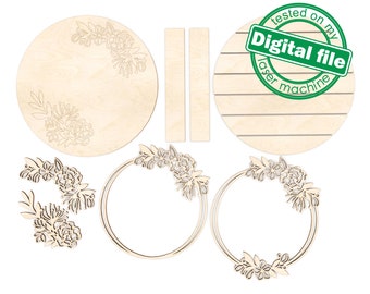 DXF, SVG files for laser Interchangeable Floral Round Custom Name Wood Sign, Cutout, Shape, Paint by Line, Glowforge, door hanger template