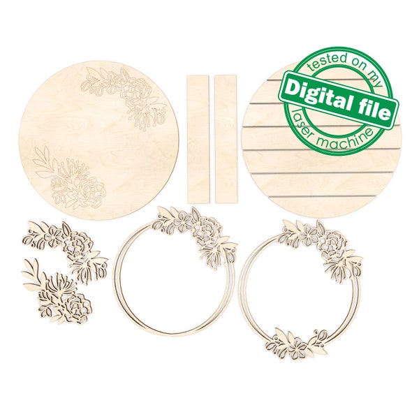 DXF, fichiers SVG pour laser Interchangeable Floral Rond Personnalisé Nom Wood Signe, Découpe, Forme, Peinture par Ligne, Glowforge, Modèle de cintre de porte