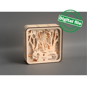 DXF, SVG-bestanden voor laserlichtbak Auto in winterbos, Shadowbox, Vectorproject, Glowforge, Materiaaldikte 1/8 inch (3,2 mm)