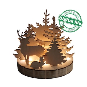 Archivo DXF para láser Woodland Winter Christmas Decoration, Winter Forest, Deer, Rabbit, Centerpiece, Light-up Christmas, SVG, PDF