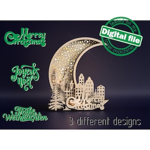 Arquivos DXF, SVG para enfeites de Natal iluminados a laser, floresta de inverno, casas escandinavas, feliz natal, poste de luz, árvore, lua crescente