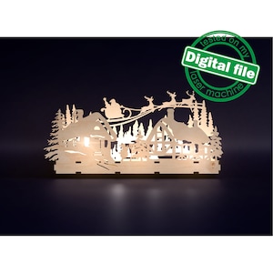 File DXF, SVG per laser Portacandele Villaggio invernale, Babbo Natale con renne che volano su slitta, foresta incantata, decorazioni natalizie