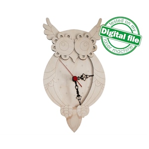 DXF, SVG bestanden voor laser Unieke moderne wandklok uil, flexibele multiplex, gegraveerde wijzerplaat, kinderkamer Decor, Materiaal 1/8 '' (3,2 mm)