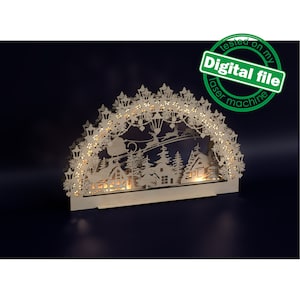 DXF, fichier SVG pour arc lumineux électriquement éclairé au laser, Schwibbogen, pièce maîtresse, ornement multicouche, forêt d’hiver, renne volant