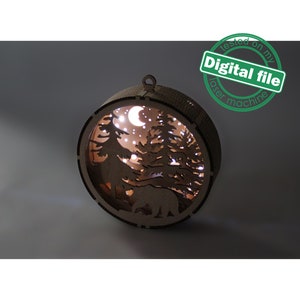 DXF, SVG bestanden voor laser Gift Box en Light-Up 3D Kerst Ornament, Meerlagig Ornament patroon, Winter Forest, Beer, Maan