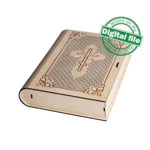DXF, SVG bestanden voor laser Gift Book doos Heilige bijbel, levend scharnier, flexibel multiplex, Glowforge, Materiaal dikte 1/8 inch (3,2 mm)