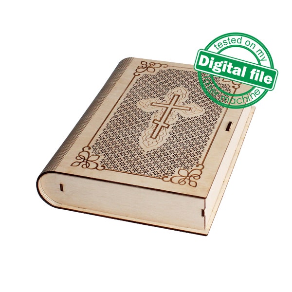 DXF, SVG Dateien für Laser Geschenkbuch Box Heilige Bibel, lebendiges Scharnier, flexibles Sperrholz, Glowforge, Materialstärke 3,2 mm