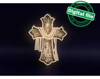 DXF, SVG files for laser Light Cross He is risen, Flowers, holiday ribbon, Easter, spring decor, Glowforge, Layered Ornament pattern