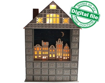 DXF, SVG files for laser 24 or 31 days of Christmas Advent calendar, night city silhouette, scandinavian houses, month, numbers, LED lantern