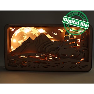 DXF, SVG-bestanden voor Light Box Waves, bergen, oceaan, vuurtoren, schip, gegraveerde en gloeiende maan, flexibel multiplex, Glowforge ready file