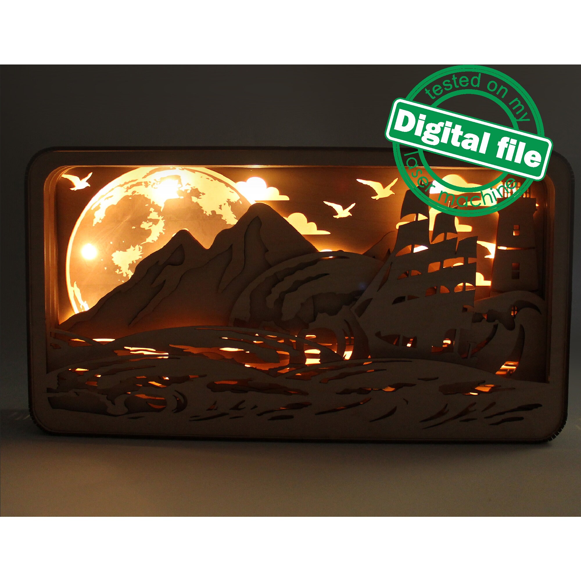DXF, SVG Files for Light Box Waves, Mountains, Ocean, Lighthouse, Ship ...