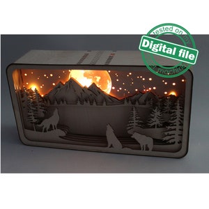 DXF, SVG-bestanden voor laser Shadow Box Three Howling Wolves, Lake, Mountains, Forest, Glowing Moon, Glowforge, Materiaal 1/8'' (3,2 mm)
