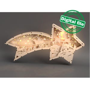 DXF, SVG-bestanden om te snijden, oplichtende ster van Bethlehem, gelaagde lichtbak, kerstman, kerstdorp, winterdecoratie, vliegend rendier