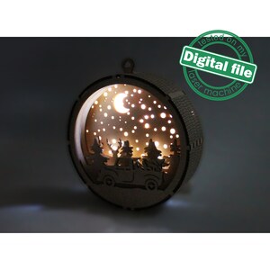 DXF, SVG bestanden voor laser Gift Box en Light-Up 3D Kerst Ornament, Meerlagig Ornament patroon, Retro Truck, Boom, Herten, Bos