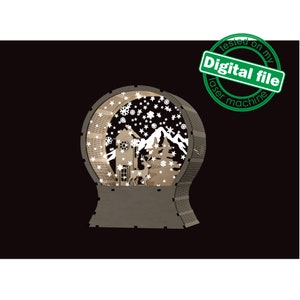 DXF, SVG-bestanden voor laser Light Up Snow Globe, kerstdecor, winterbos, huis, kerstbomen, herten, met sneeuw bedekte bergen