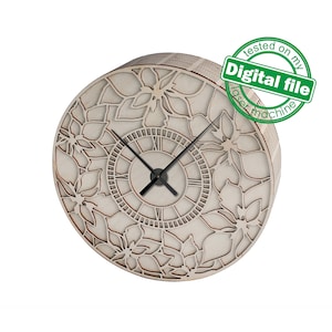 DXF, SVG-bestanden voor laser Unieke moderne ronde wandklok, flexibel multiplex, Glowforge klaar, Bloemenwijzerplaat, Materiaal 1/8'' (3,2 mm)