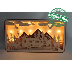 DXF, SVG archivos para láser Shadow Box Travel Trailer, Deer, Bear, Forest, Mountain silhouette, Glowforge, Espesor del material 1/8 de pulgada (3.2 mm)