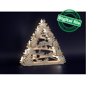 SVG-Dateien für Laser-Teelichthalter, Herzstück Baum, beleuchtete Weihnachten, Winterspaß, Schlitten, Kinder, Hunde, altes Dorf, Material 1/8 ''