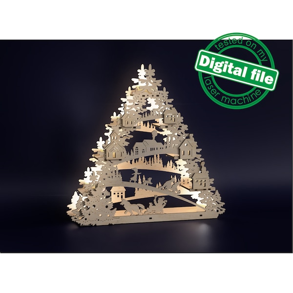 DXF, SVG-Dateien für Laser-Teelichthalter, Herzstück-Baum, beleuchtete Weihnachten, Winterspaß, Schlitten, Kinder, Hunde, altes Dorf, Material 1/8 ''