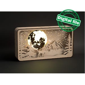 DXF, SVG-bestanden voor laser Shadow Box Moose in Forest, Bergen, Glowing Moon, flexibel multiplex, Glowforge, materiaaldikte 1/8'' (3,2 mm)