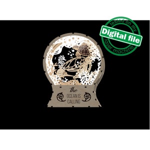DXF, SVG-bestanden voor laser Light Up Snow Globe De oceaan roept, schildpadden, onderwaterwereld, koralen, zeepaardje, kinderdagverblijfinrichting, nachtlamp