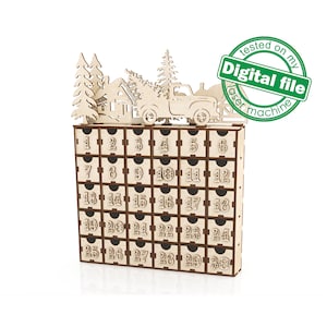 SVG, DXF laser cut files Advent calendar 24 or 30 days, Vintage retro truck, winter forest, village, Christmas decor, Material 3 mm (1/8&#39;&#39;)