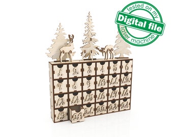 Fichiers DXF, SVG pour laser 24 ou 30 jours de calendrier de l’Avent de Noël, Forêt d’hiver, Cerf, Glowforge, Épaisseur du matériau 1/8 pouce (3,2 mm)