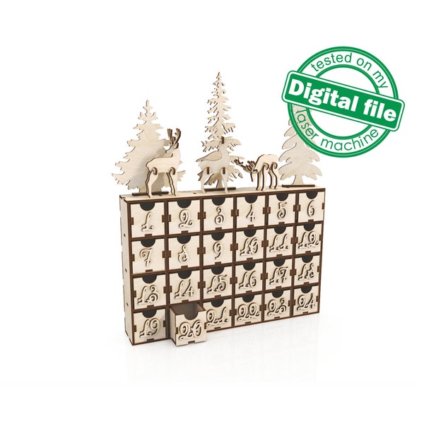 Fichiers DXF, SVG pour laser 24 ou 30 jours de calendrier de l’Avent de Noël, Forêt d’hiver, Cerf, Glowforge, Épaisseur du matériau 1/8 pouce (3,2 mm)