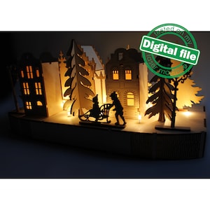 DXF, file SVG per laser Woodland Winter Christmas Decoration, Base podio illuminata, case scandinave, alberi, slitte per bambini, lanterne