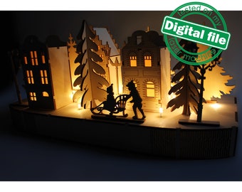 DXF, SVG file for laser Woodland Winter Christmas Decoration, Light-up podium base, Scandinavian houses, trees, children sledding, lanterns